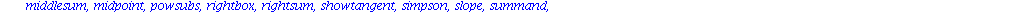 [D, Diff, Doubleint, Int, Limit, Lineint, Product, Sum, Tripleint, changevar, completesquare, distance, equate, integrand, intercept, intparts, leftbox, leftsum, makeproc, middlebox, middlesum, midpoi...